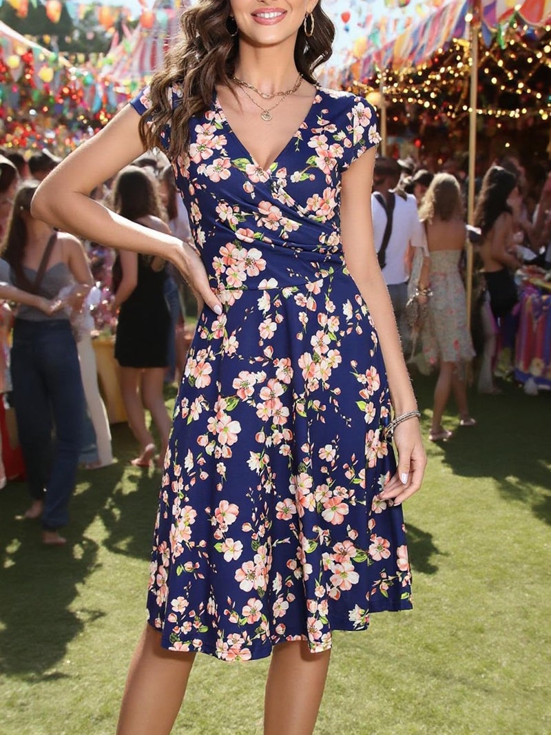 oxiuly Women's V-Neck Cap Sleeve Floral Casual Work Stretchy Swing Dress OX233 (M, Navy Blue Floral) - Image 2